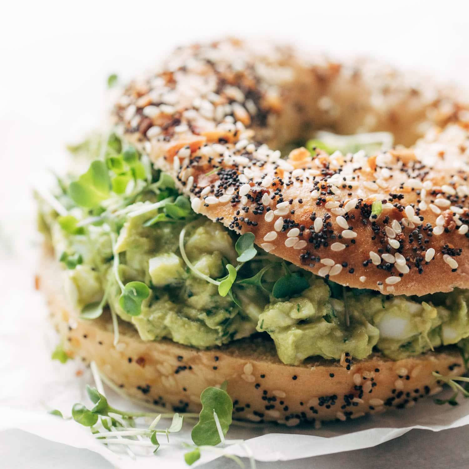 Avocado Egg Salad on an everything bagel.