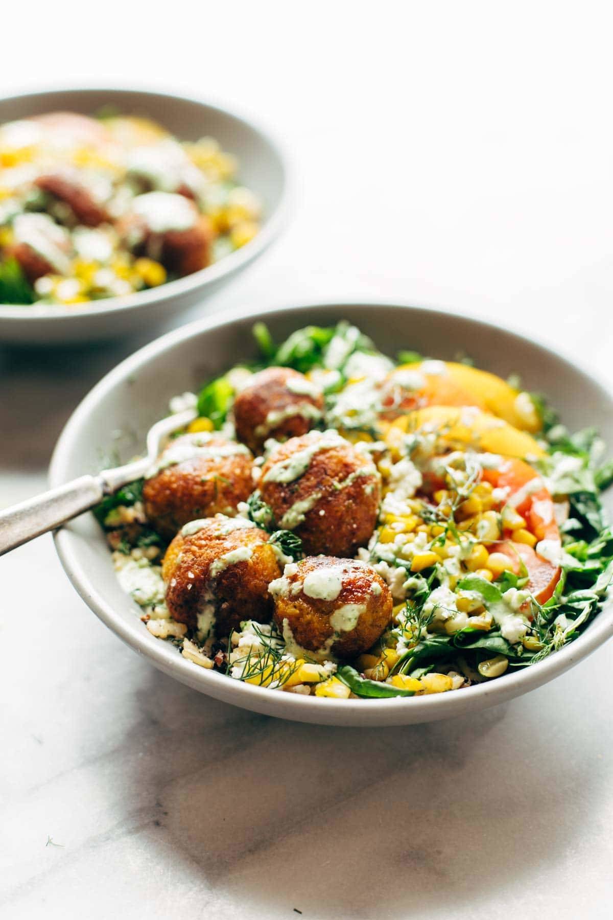 Summer Bliss Bowls with Sweet Potato Falafel and Jalapeño Ranch.