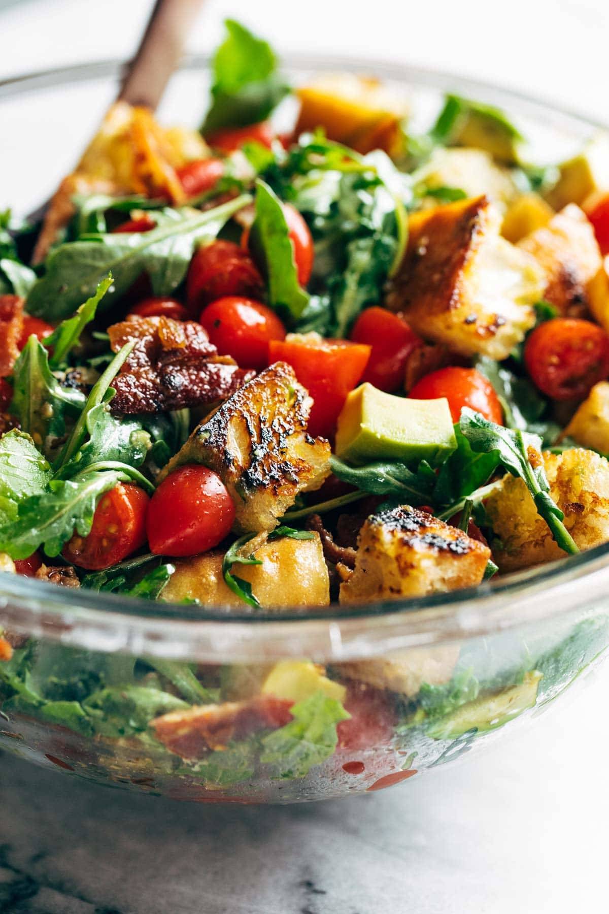 Closeup of BLT Panzanella in a bowl.