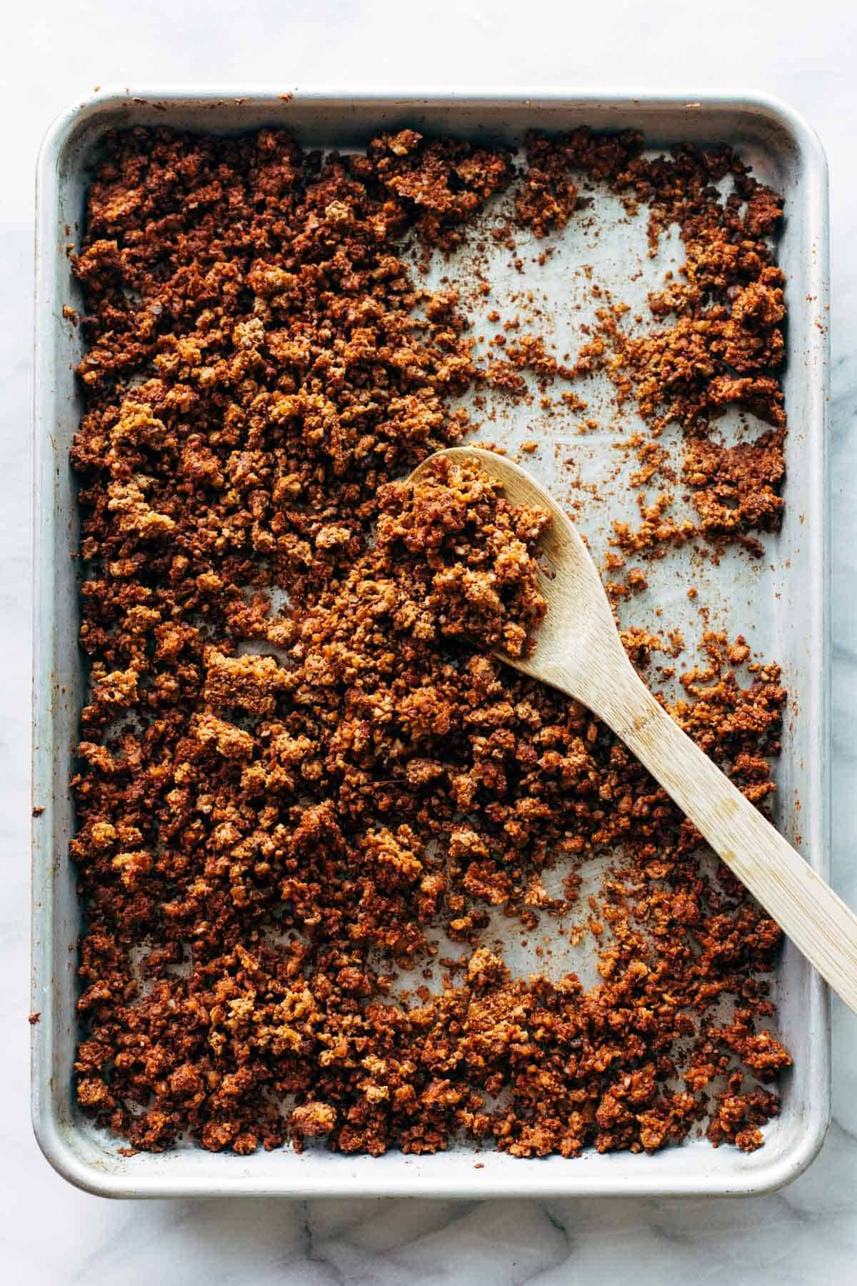 Cauliflower Walnut Vegetarian Taco Meat on Baking Sheet.