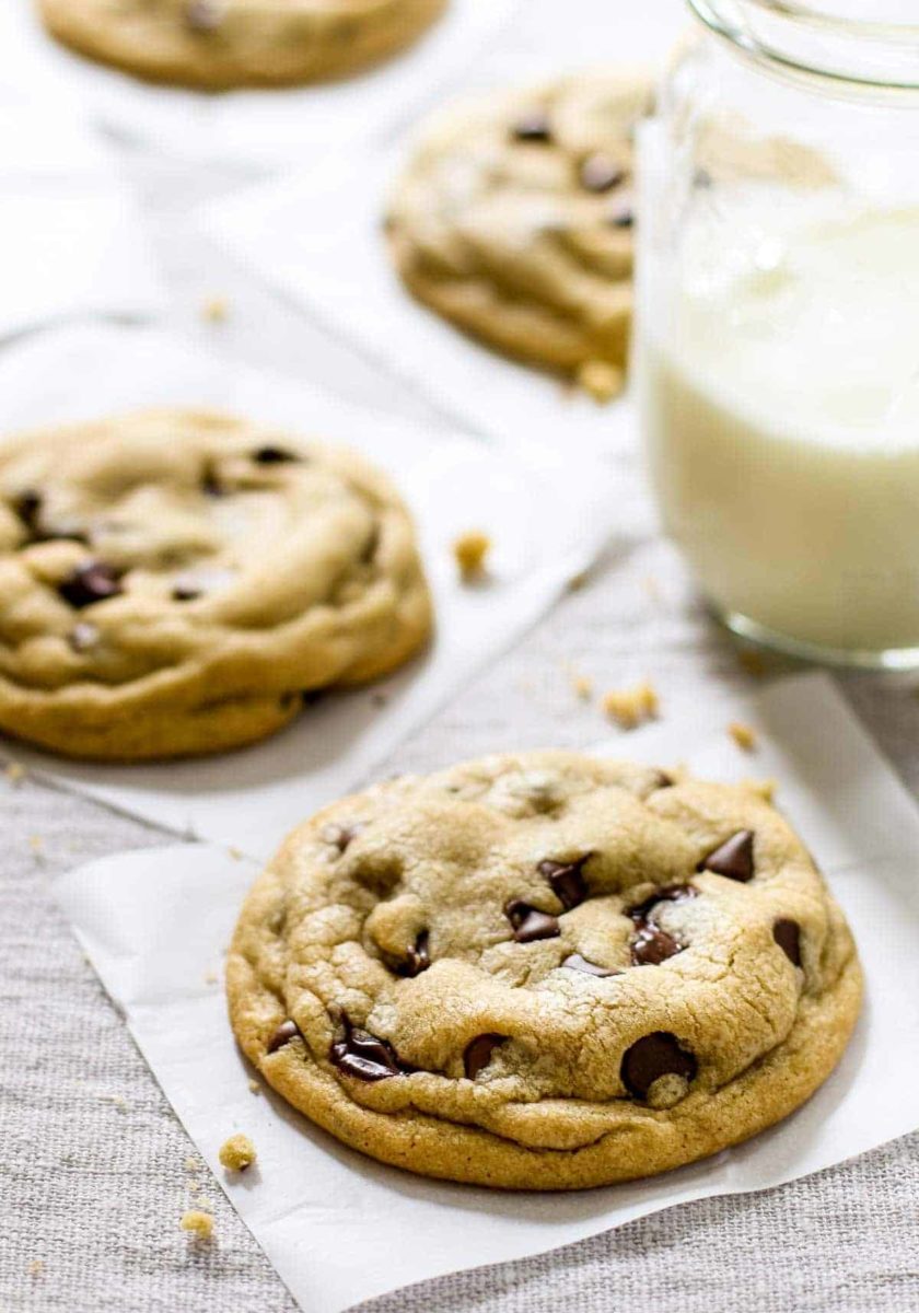 Chocolate chip cookies and a class of milk