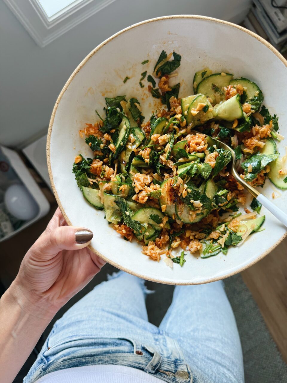 Crispy rice salad in a bowl.