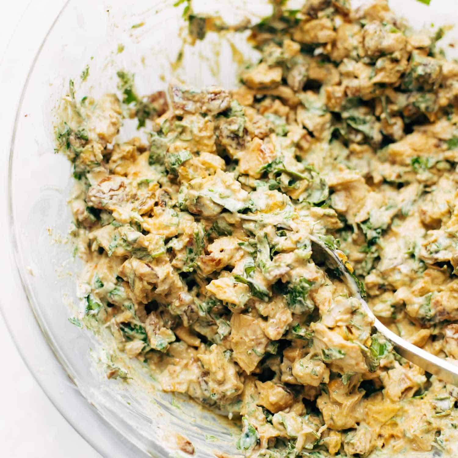 Curry chicken salad in a bowl.