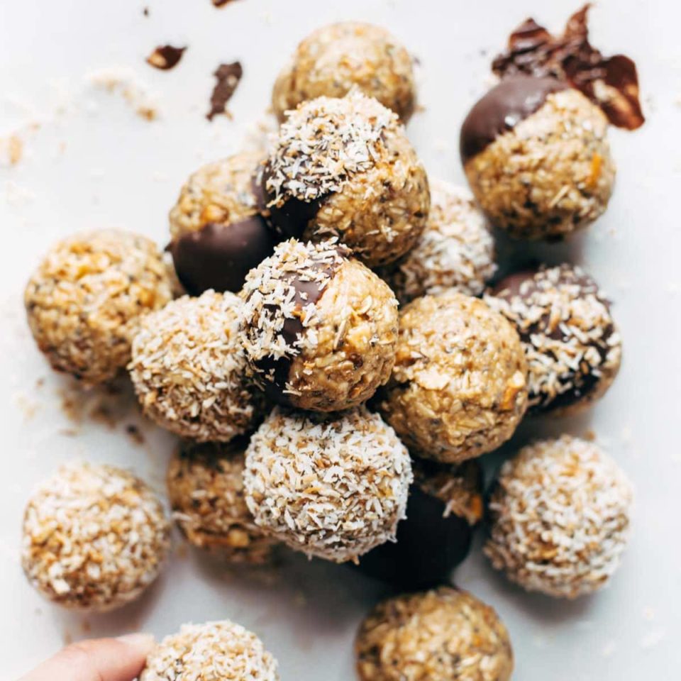 Peanut Butter Pretzel Energy Bites on parchment paper.