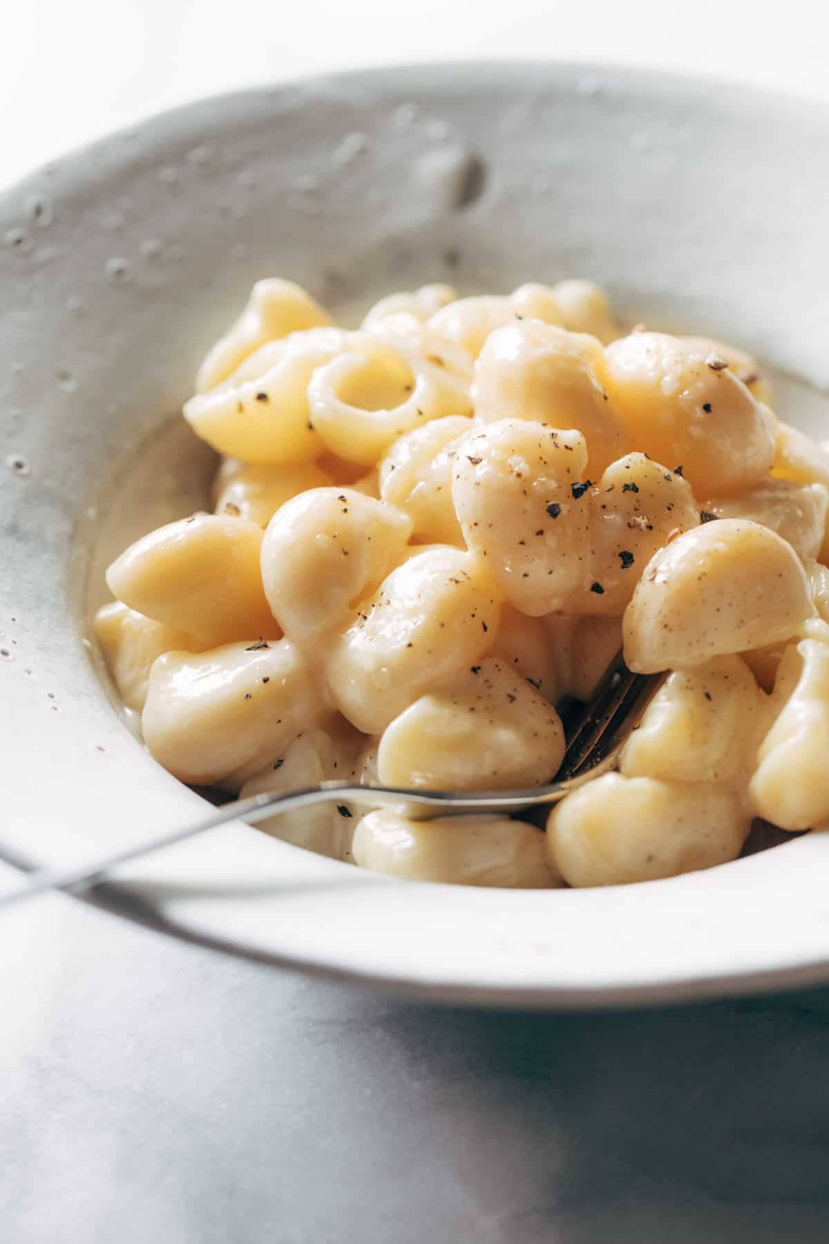 A bowl of garlic parmesan shellbows.