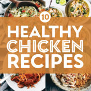 Healthy chicken recipes in a collage.