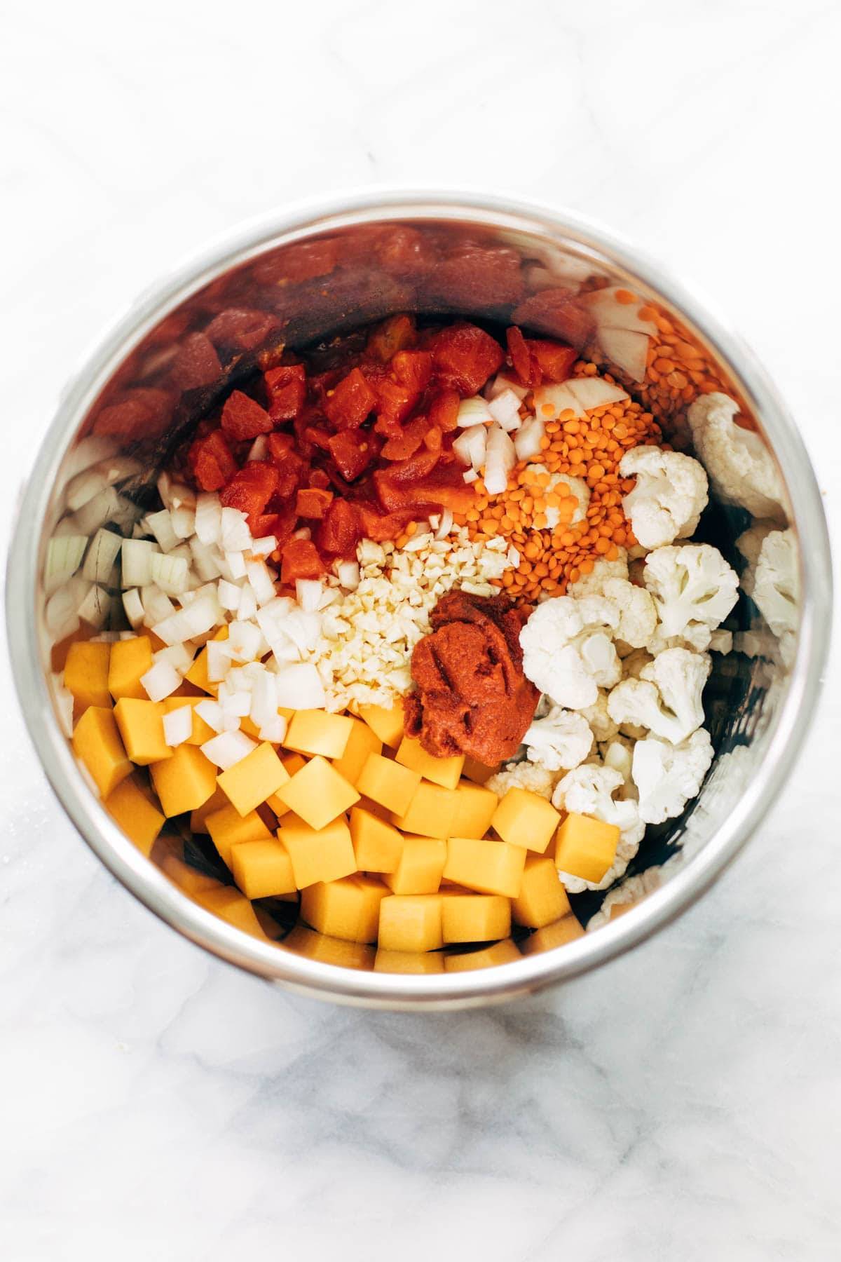 Ingredients for Cauliflower Curry in the Instant Pot before cooking.