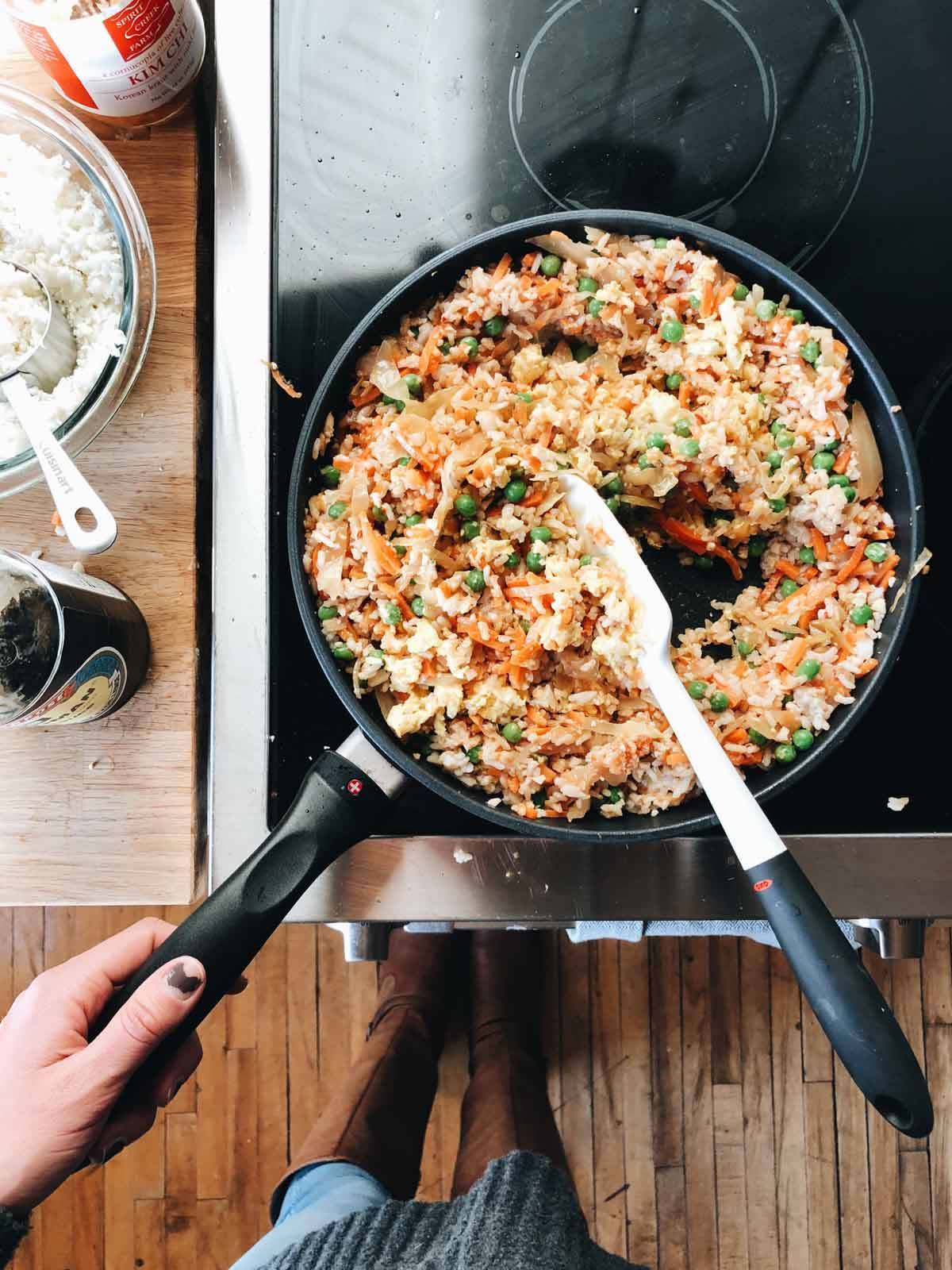 Kimchi fried rice on stove.