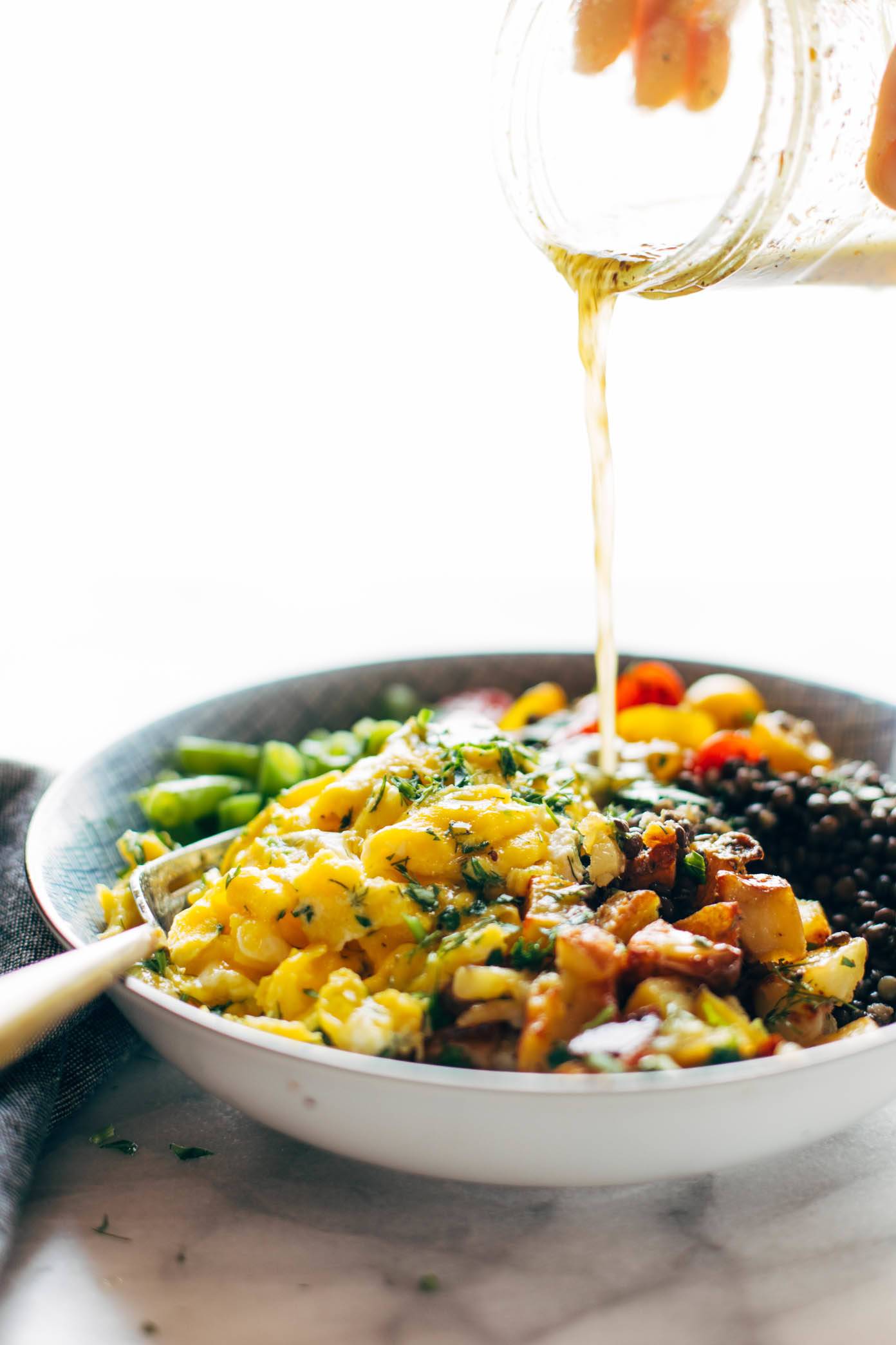 Sunshine Lentil Bowl with drizzle.