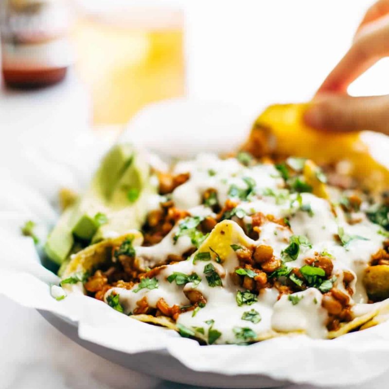 A picture of Spicy Lentil Nachos with Three Cheese Sauce