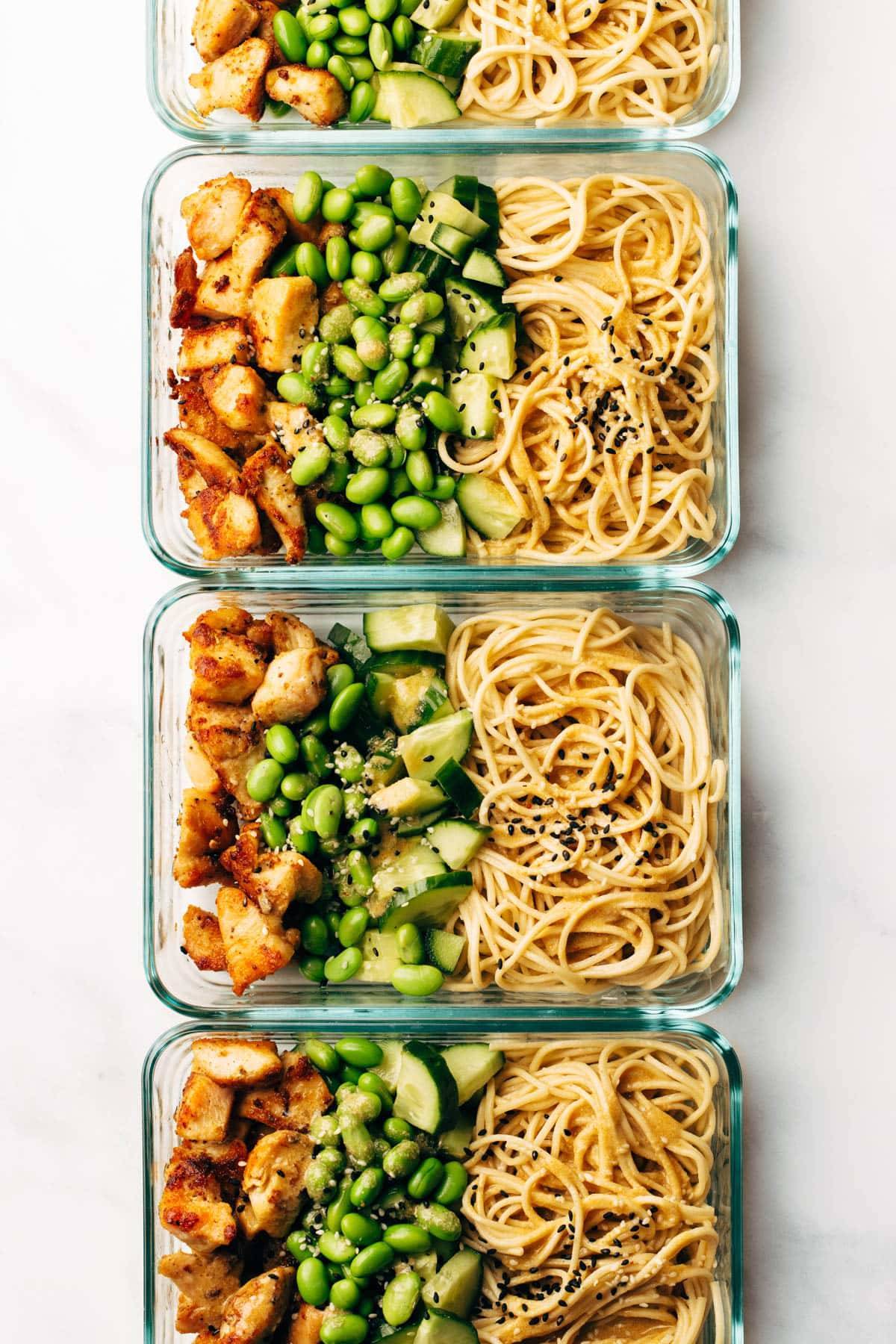 Sesame noodle bowl in meal prep containers.