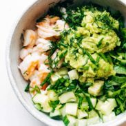 Avocado shrimp salad in a bowl.