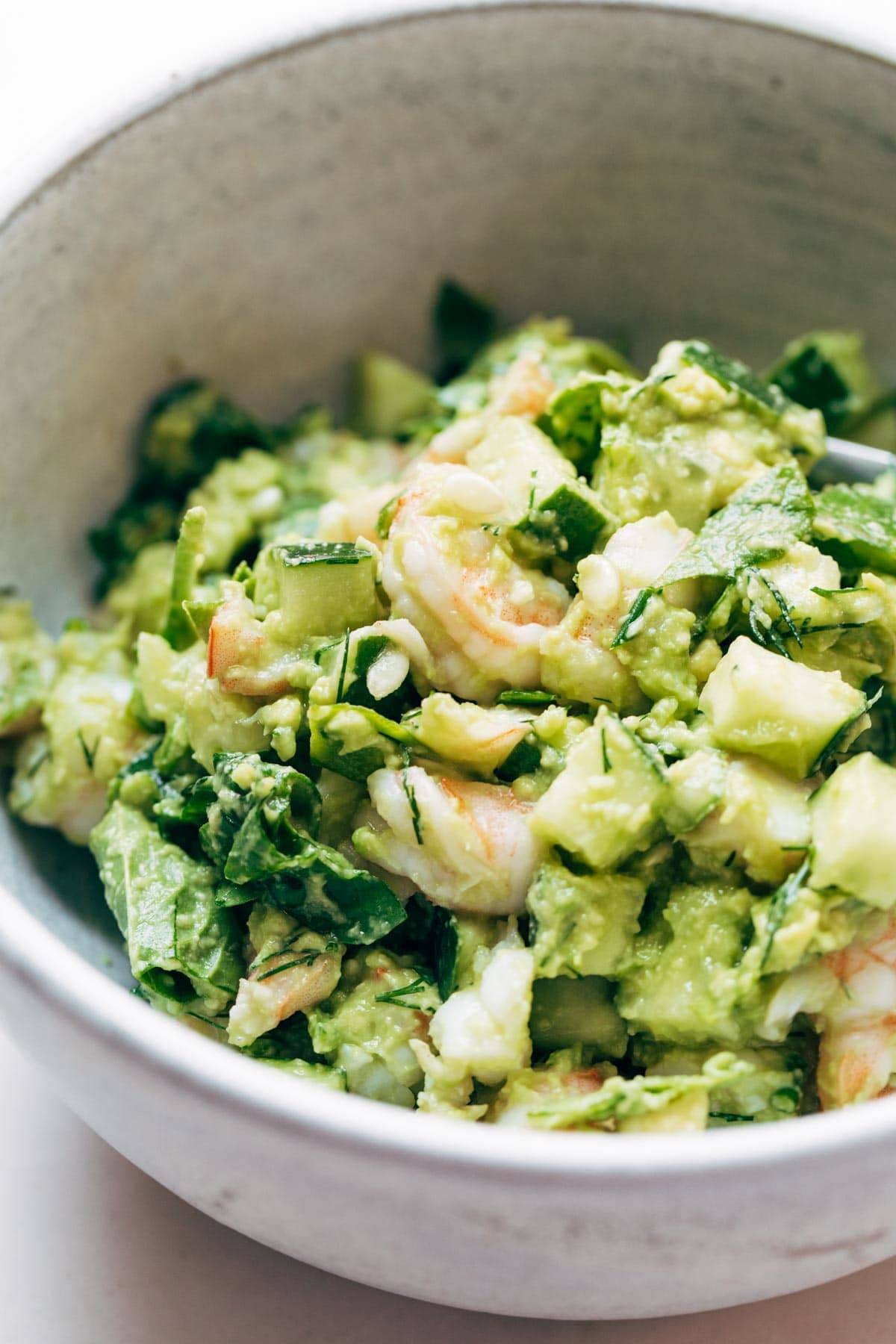 Avocado shrimp salad in a bowl.