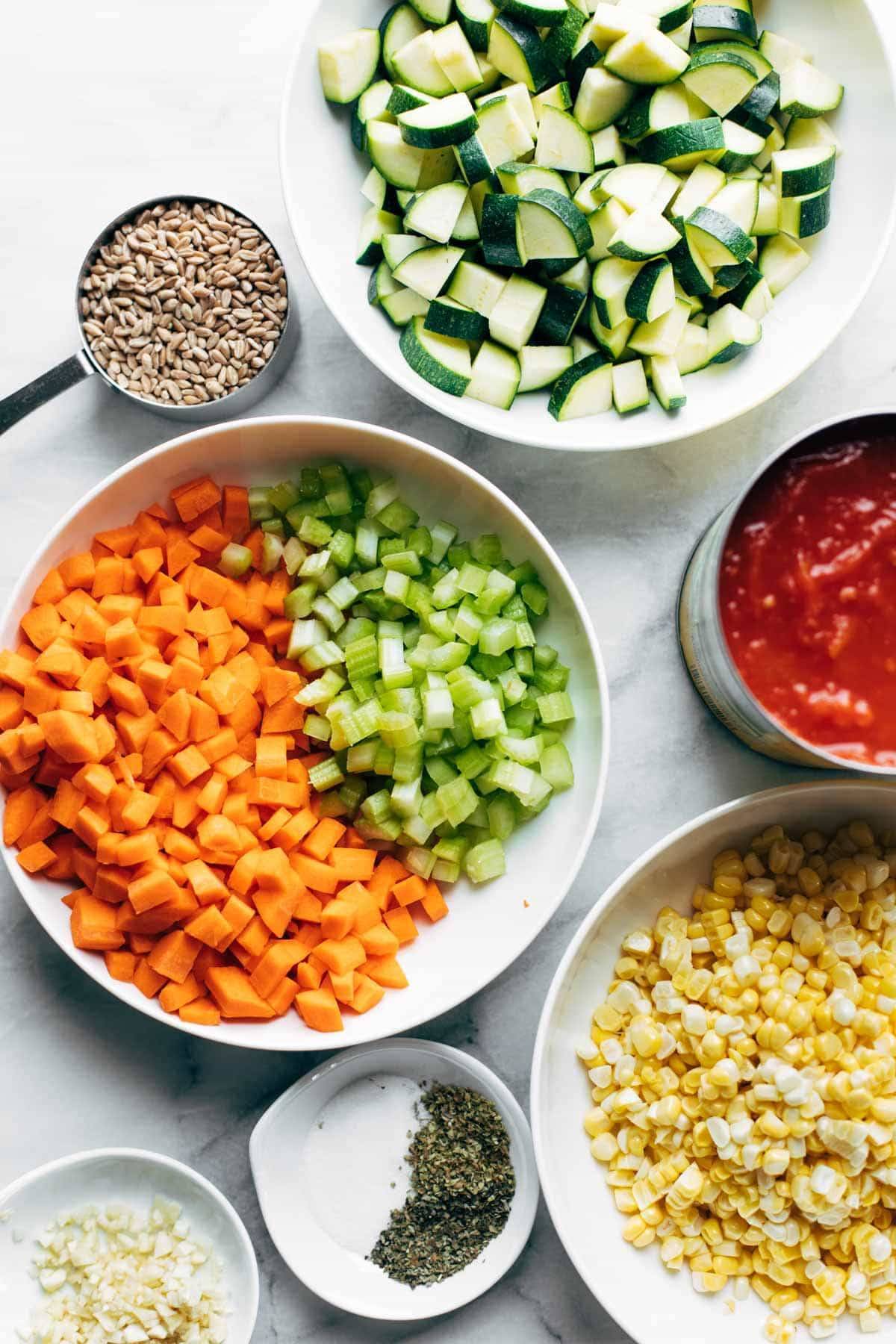 Ingredients in bowls for Instant Pot Summer Soup.