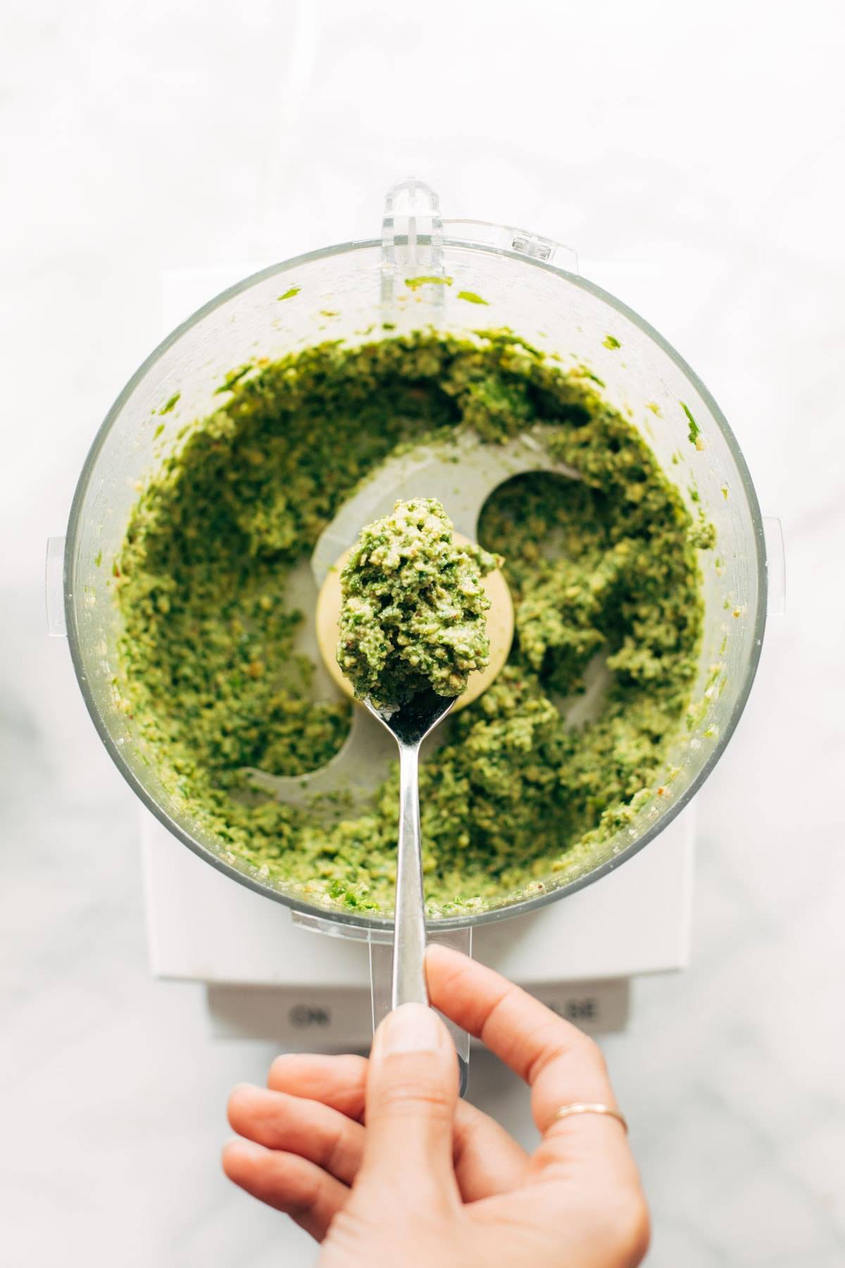 Walnut pesto in a food processor.