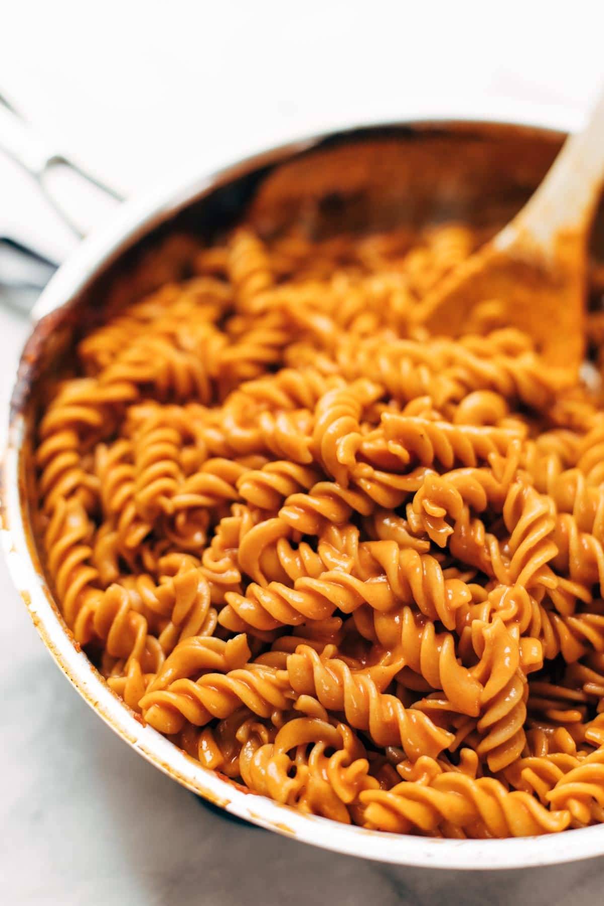 Vegan vodka pasta in a pan.