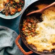 Vegetarian Shepherd's Pie in pan with spoon.