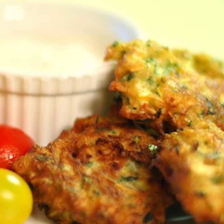 Zucchini Fritters with Goat Cheese Sauce | pinchofyum.com